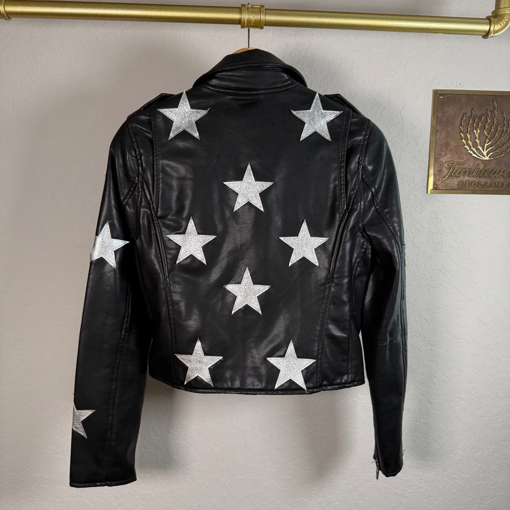 Blank NYC Black Vegan Leather Star Moto Jacket Silver Metallic 24XA5079 XS - Picture 8 of 8